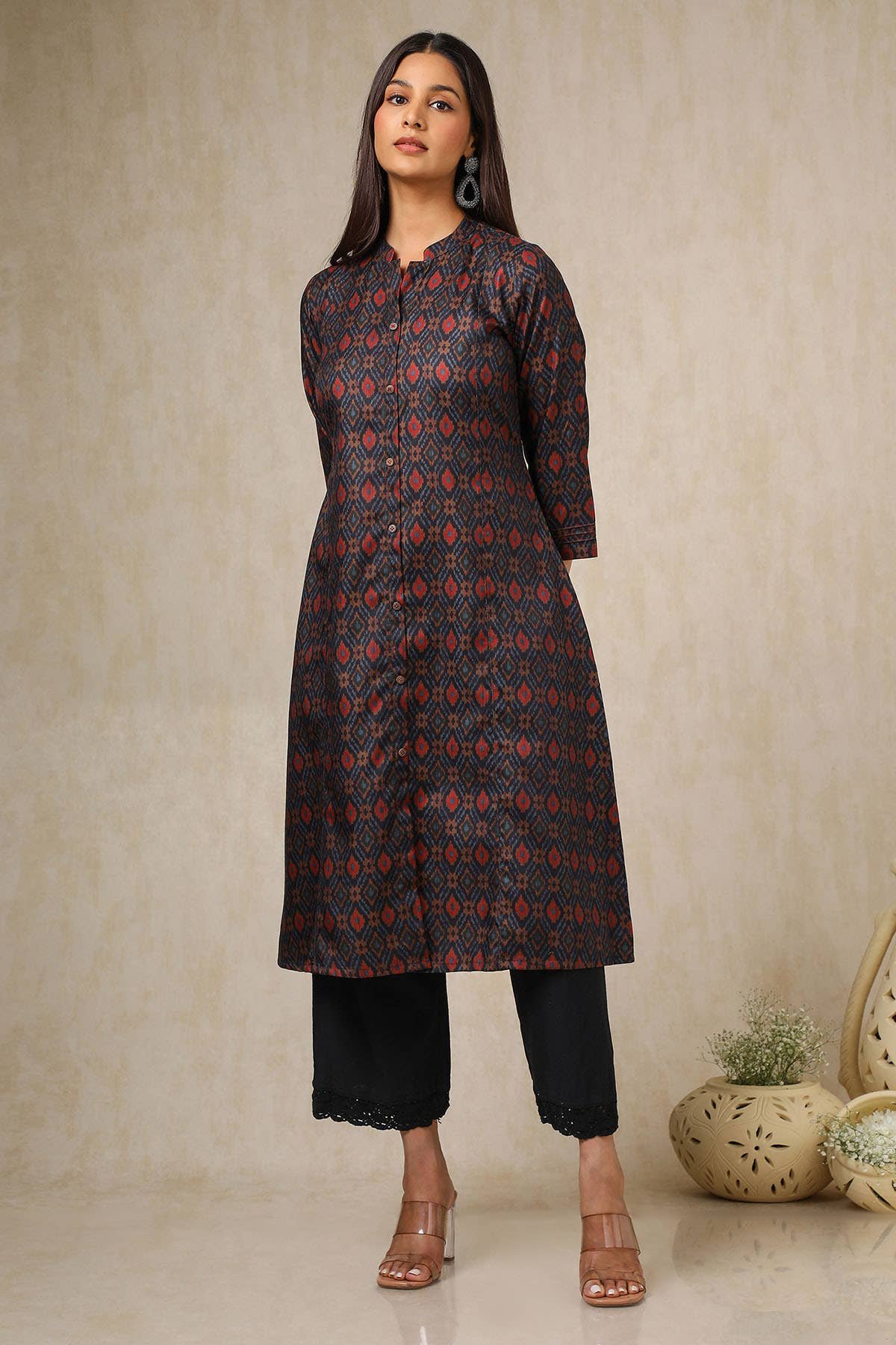 Navy Blue Linen Blend Ikat Print Kurta