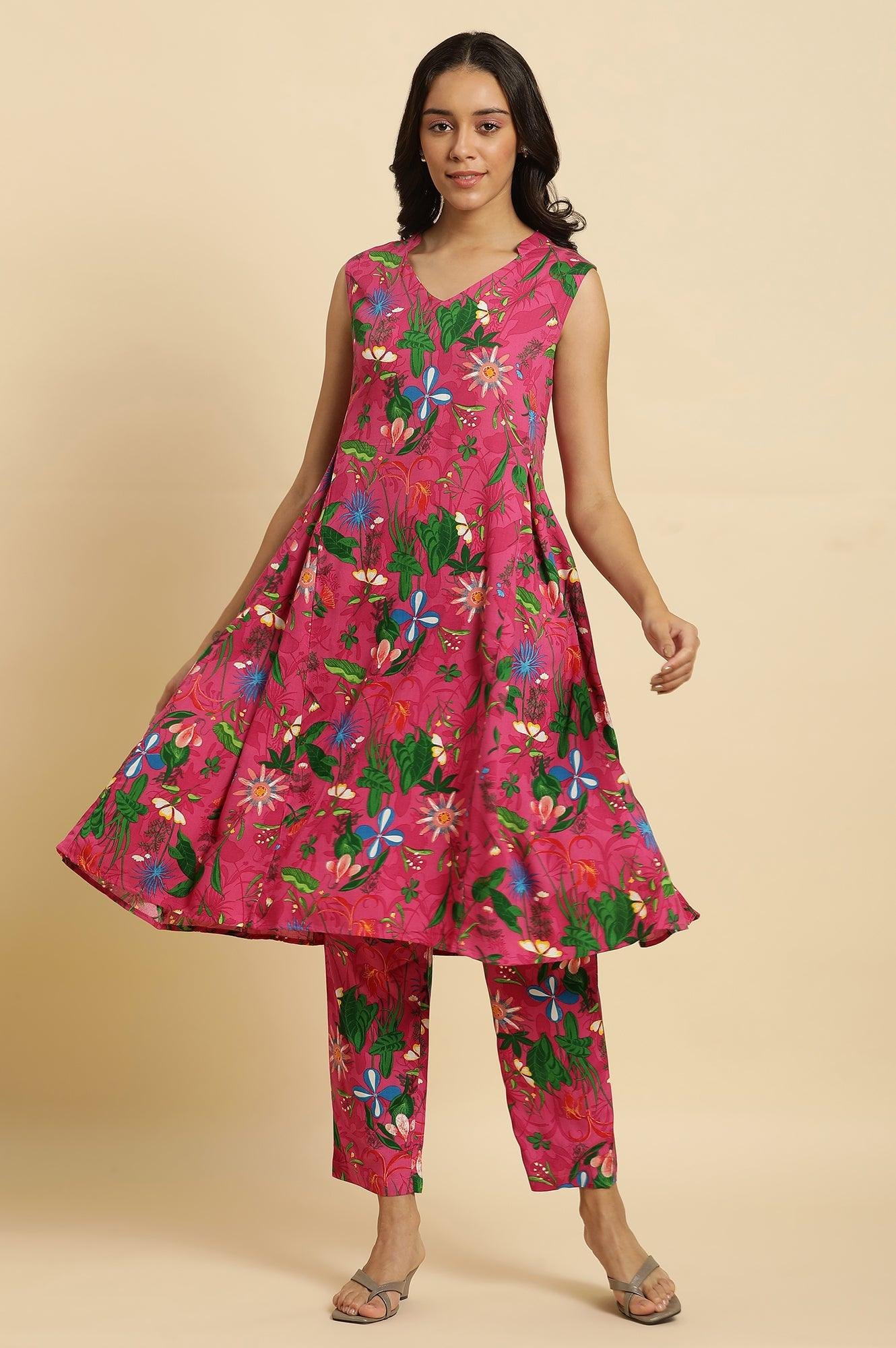 Pink Floral Printed Sleeveless Kurta & Pants Co-Ord Set - Image 9