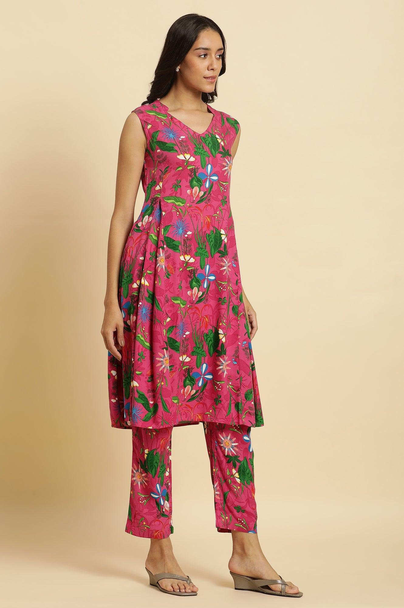 Pink Floral Printed Sleeveless Kurta & Pants Co-Ord Set - Image 8