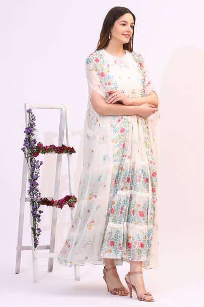 White Floral Printed Chiffon Tiered Flared Dress with Printed Cape - Image 4