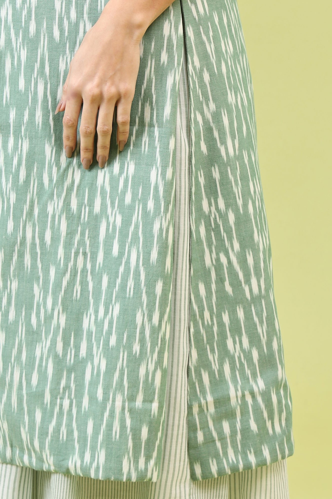 White and Green Geometric Printed Flared Spaghetti Dress and Gilet Set - Image 6