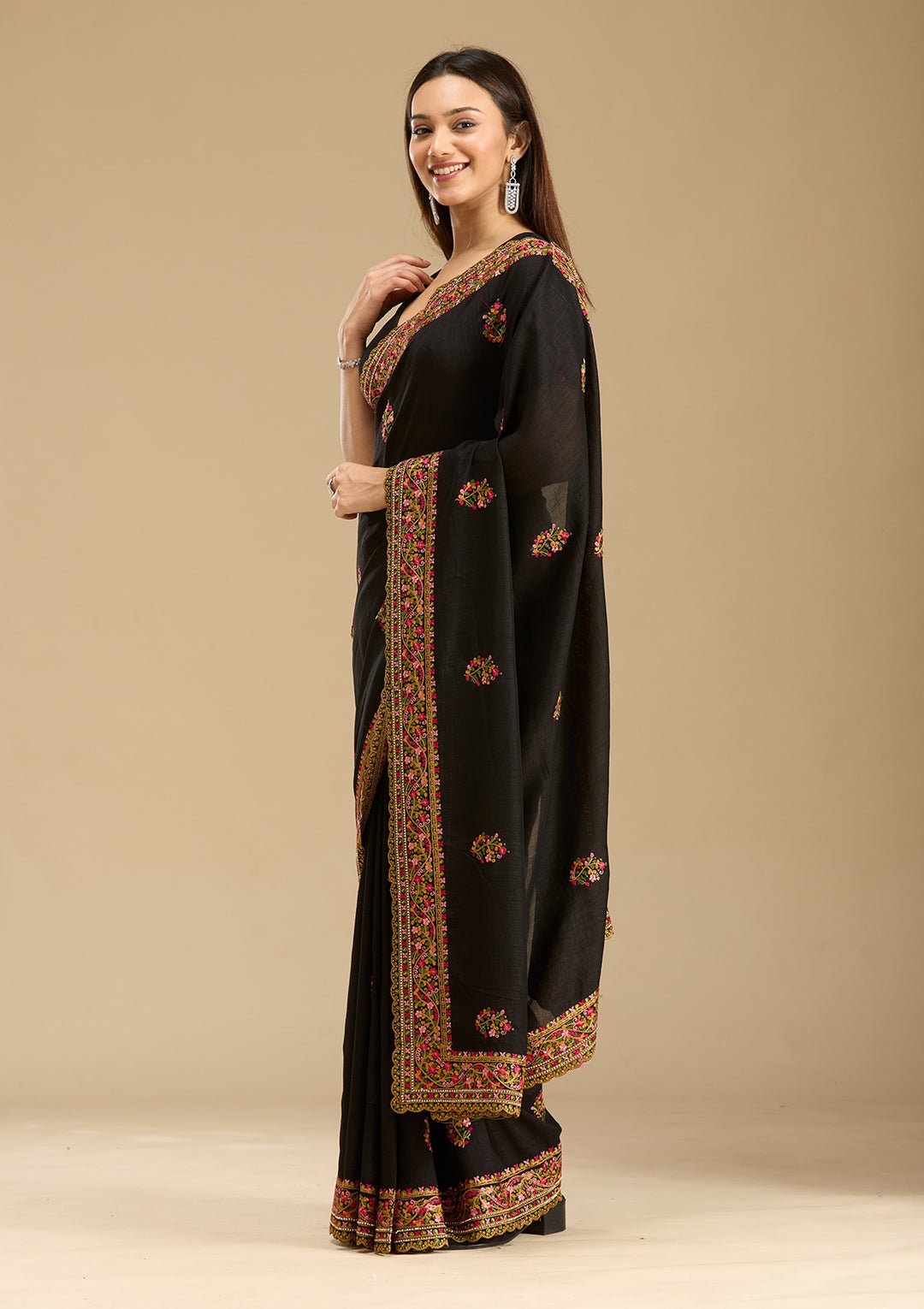 Black Kashmiri Soft Raw Silk Saree - Image 2