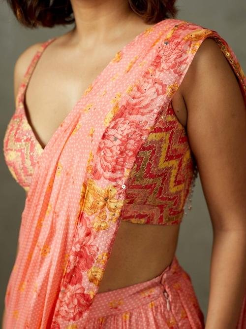Coral Blue Rose Pre-Draped Saree - Image 6