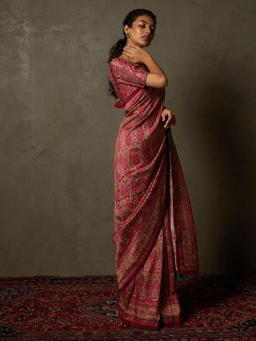 Pink & Beige Shereen Saree With Unstitched Blouse - Image 4